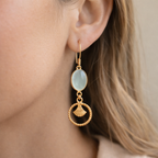 Gold Aqua Stone Shell Charm Dangle Earrings