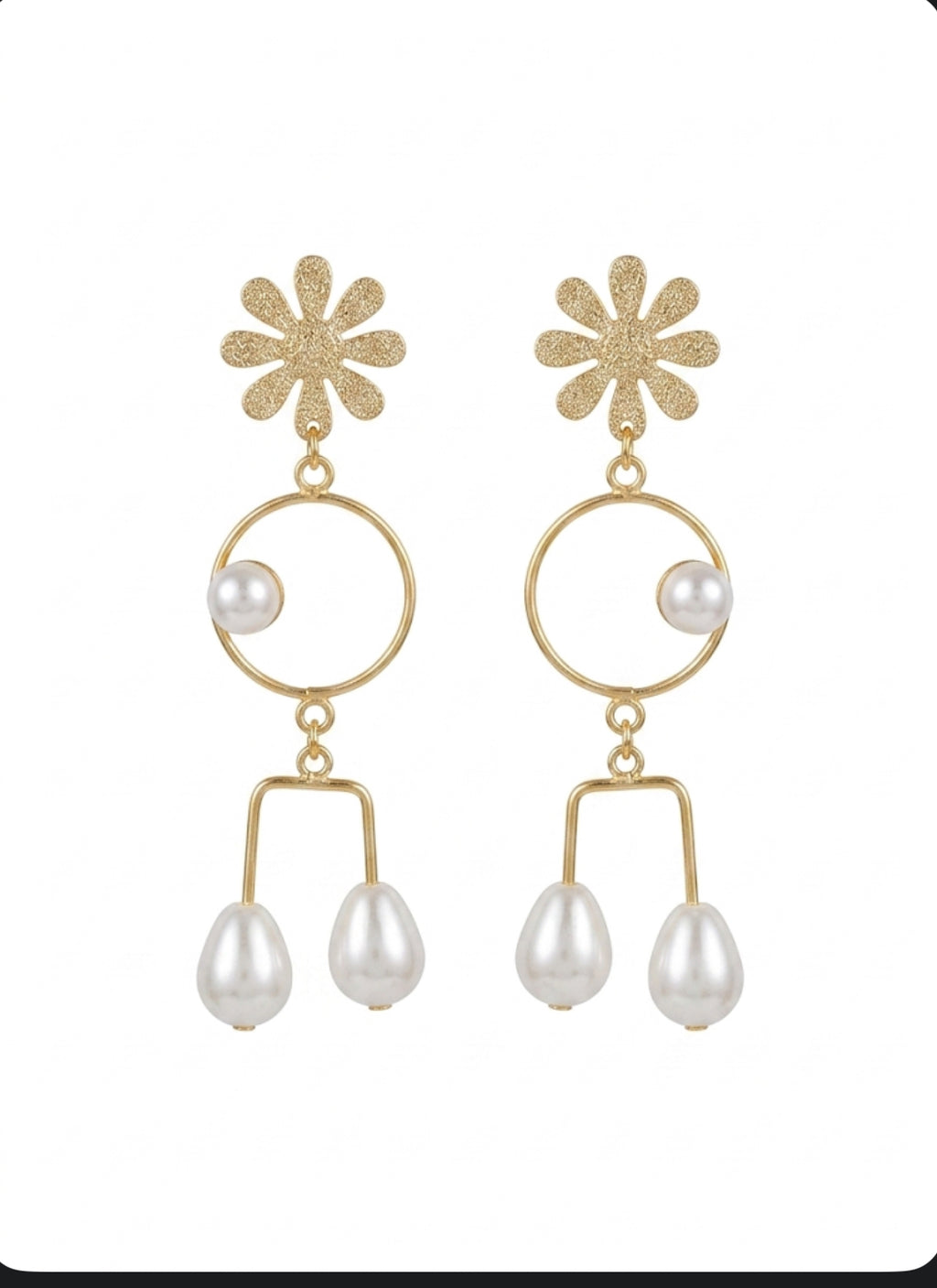 Gold Daisy Pearl Drop Earrings
