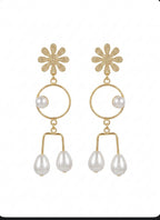 Gold Daisy Pearl Drop Earrings