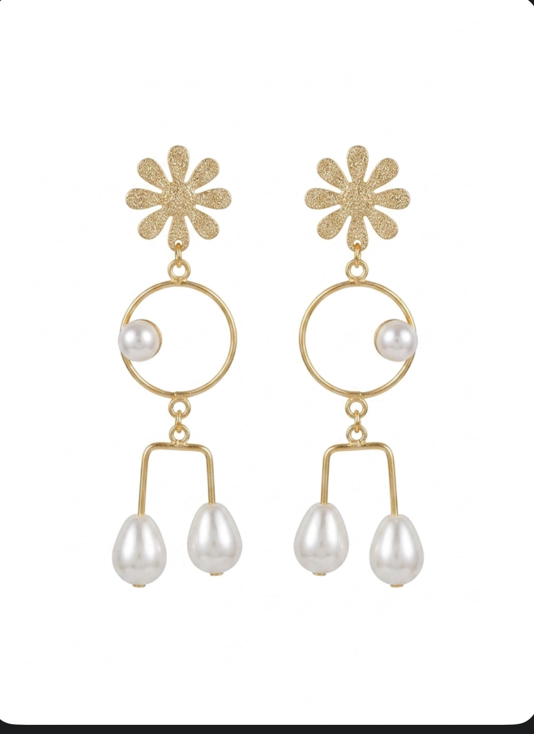 Gold Daisy Pearl Drop Earrings