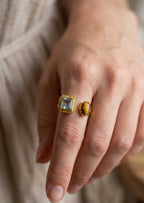 Blue Topaz & Tiger Eye Ring Adjustable Gold Statement Ring
