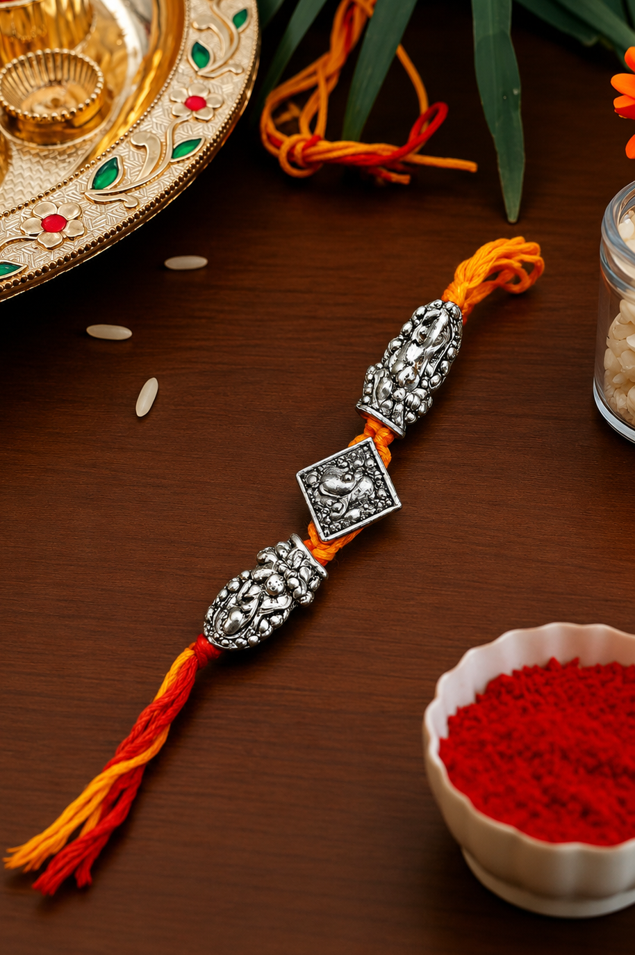 Traditional Religious Silver Plated Lakshmi Ganesh Rakhi