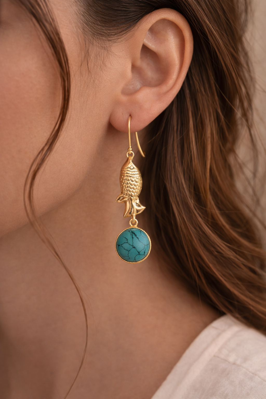 Gold Fish Drop Earrings with Turquoise Stone