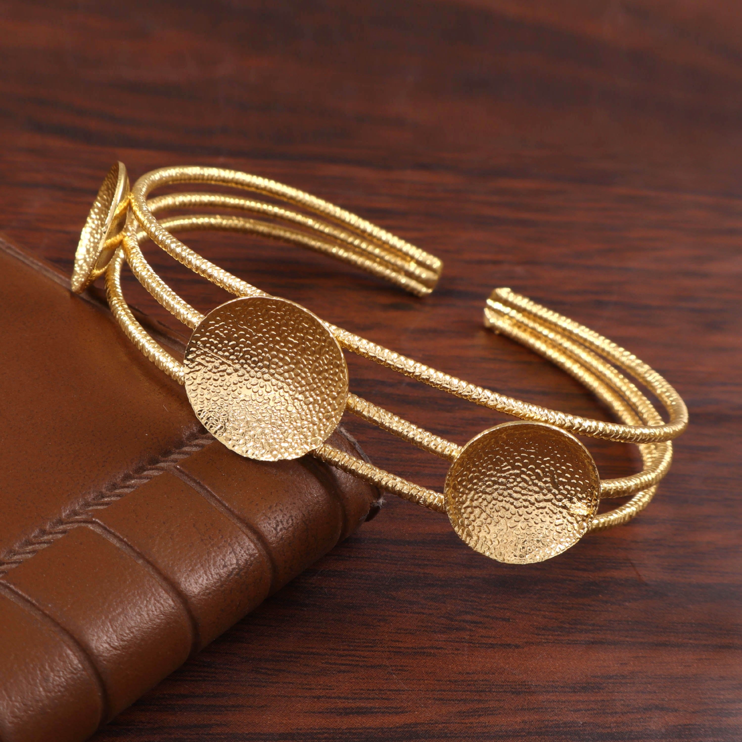 Elegant Hammered Disc Gold Cuff Bracelet