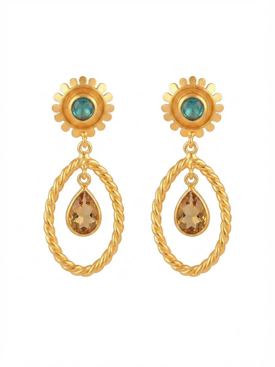 Gold Statement Drop Earrings with Blue & Smoky Quartz Gemstones