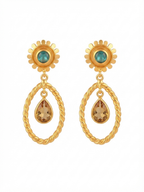 Gold Statement Drop Earrings with Blue & Smoky Quartz Gemstones