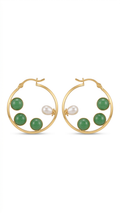 Green Stone & Pearl Gold Hoop Earrings