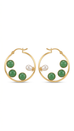 Green Stone & Pearl Gold Hoop Earrings