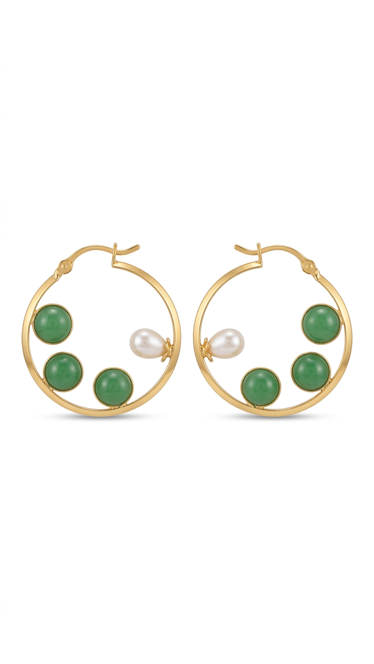 Green Stone & Pearl Gold Hoop Earrings