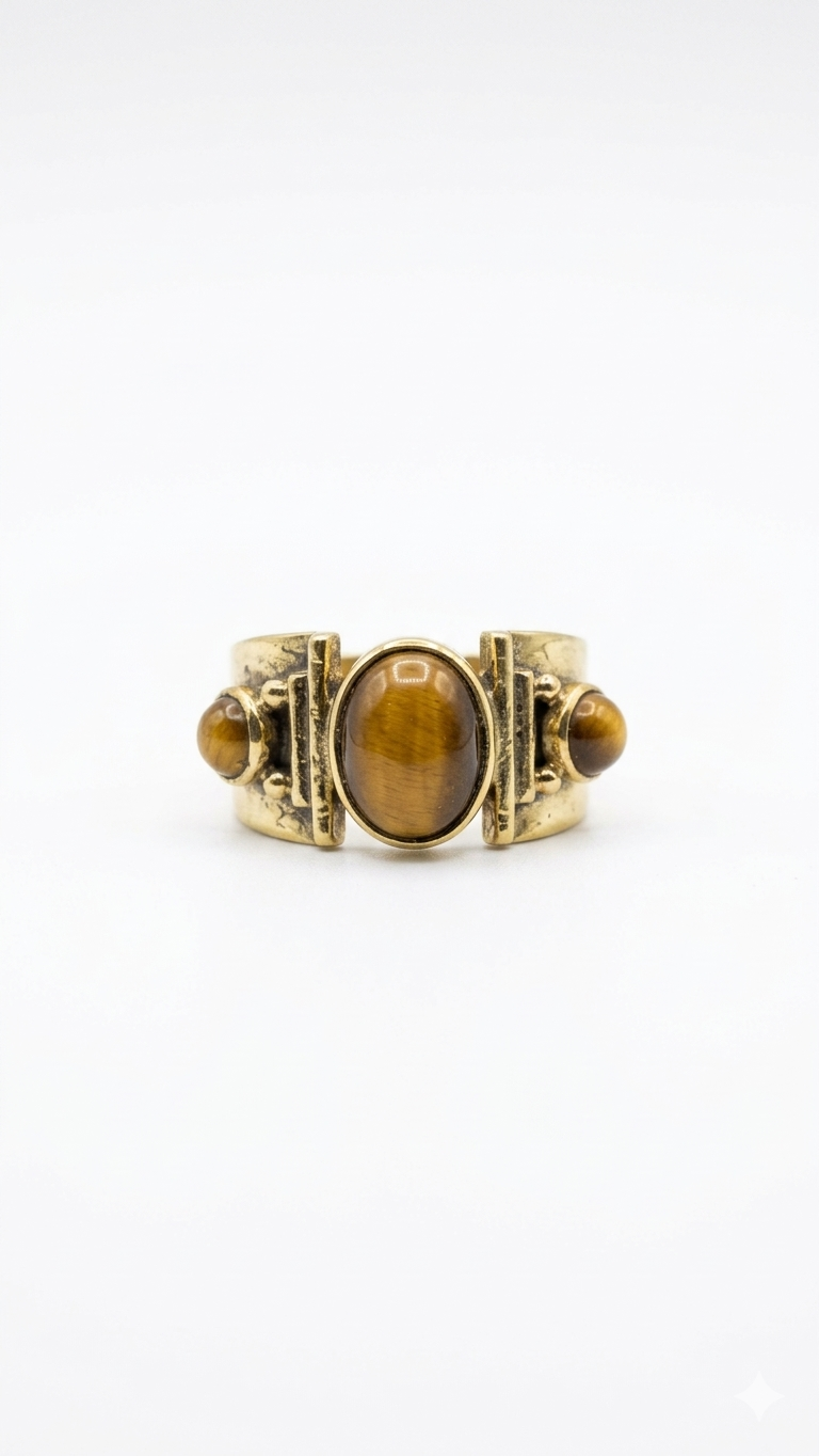 Vintage Tiger Eye Triple Stone Gold Ring