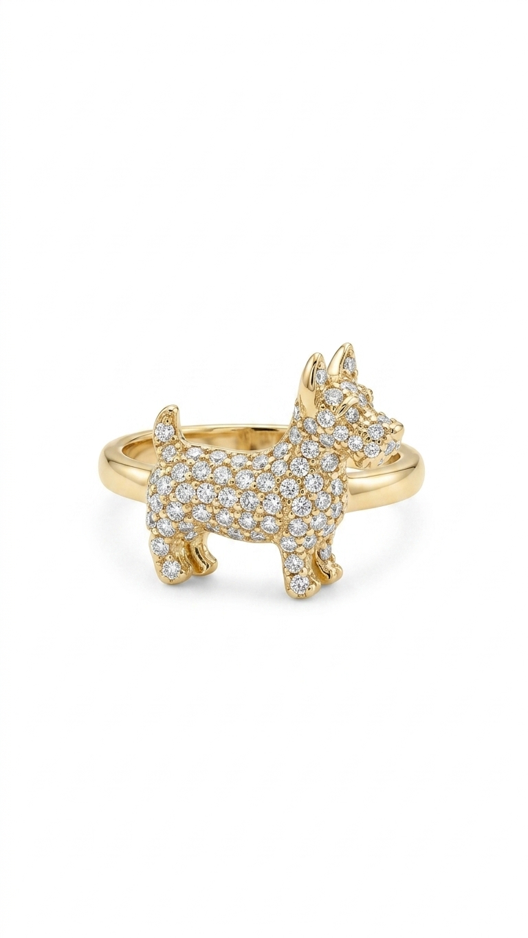 Cute Dog Crystal Ring in Gold Finish