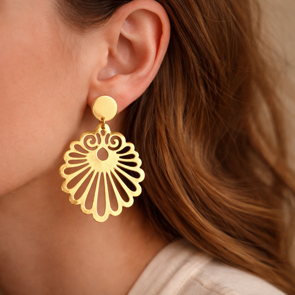 Gold Filigree Fan Drop Earrings