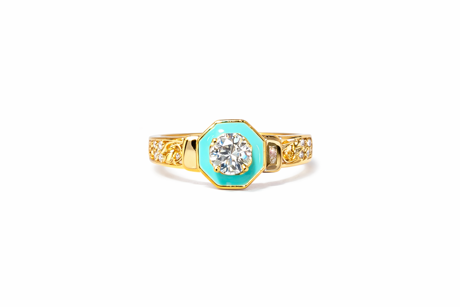 Vintage Turquoise Enamel Gold Ring with Center Stone