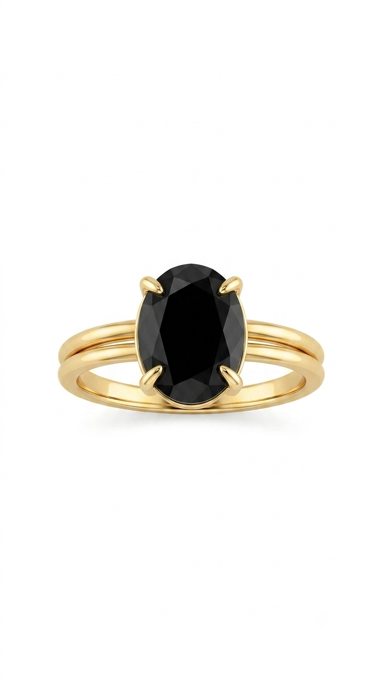 Black Onyx Oval Gold Ring, Oval Black Gemstone Ring
