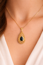 Black Stone Teardrop Pendant, Gold Filigree Necklace