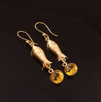 Gold Tone Fish Dangle Earrings Citrine Stone