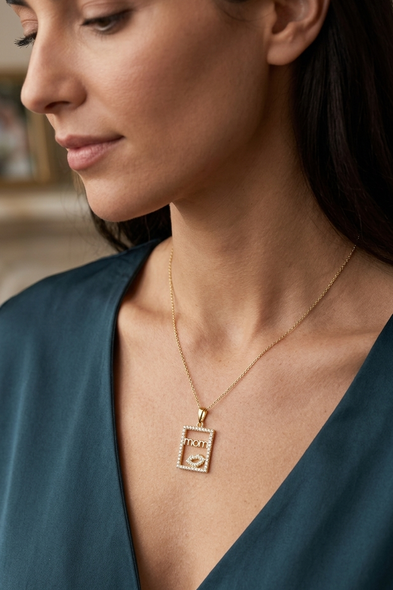 Gold “Mom” Pendant Necklace, Minimalist Mother Jewelry