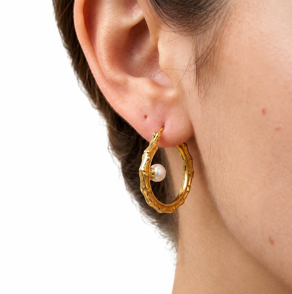 Vintage Pearl Bamboo Hoop Earrings