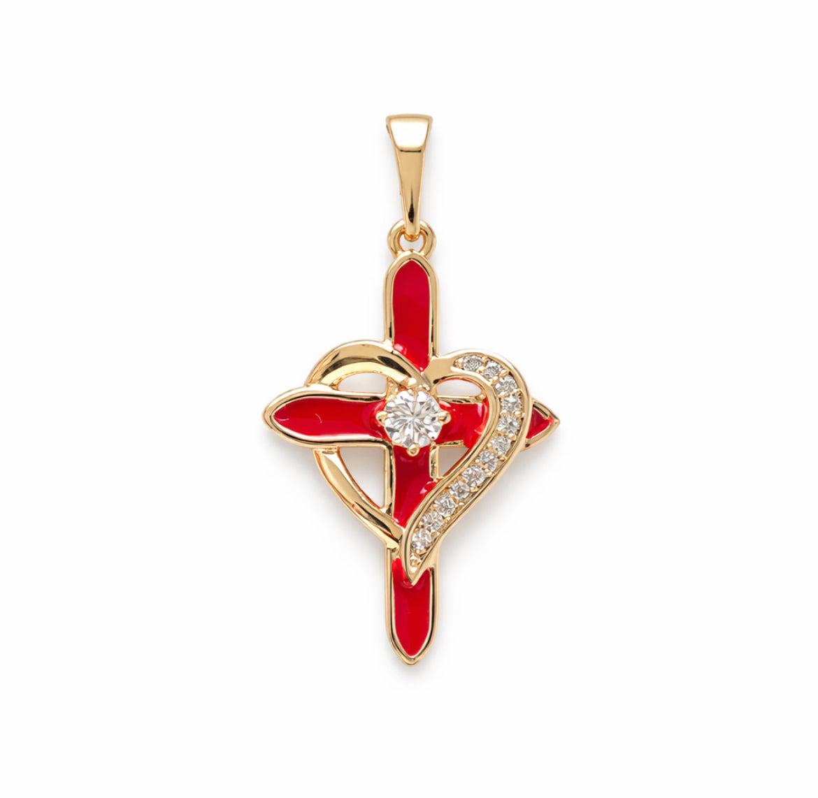 Red Enamel Cross & Heart Diamond Pendant