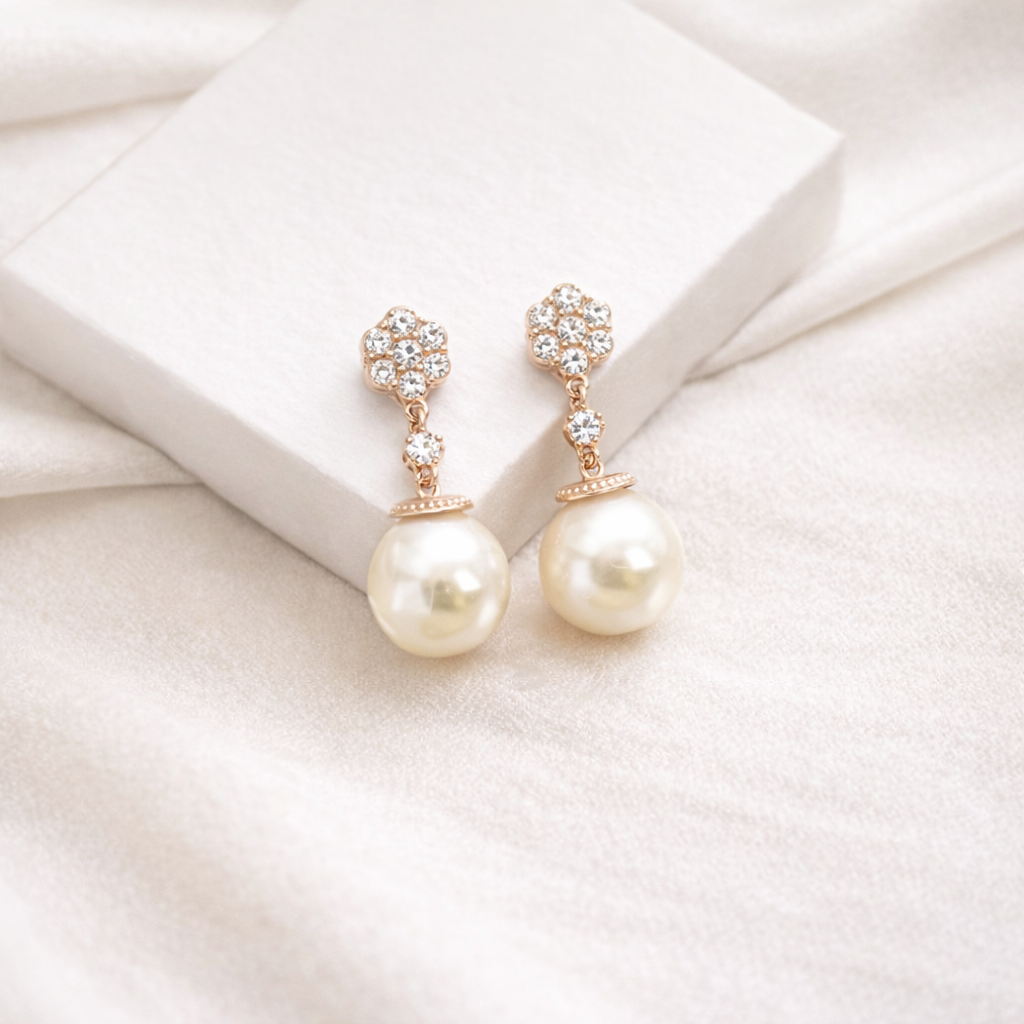 Bridal Pearl Dangle Earrings Floral CZ Studs