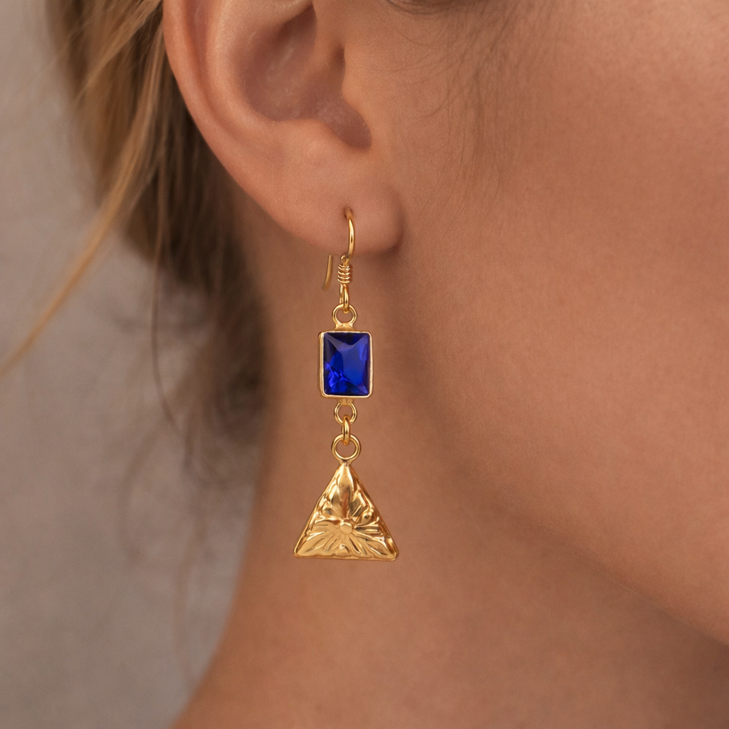 Blue Stone Gold Drop Earrings Geometric