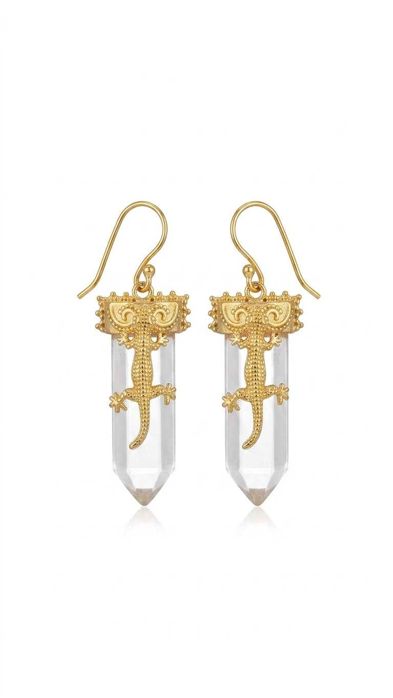 Clear Quartz Gecko Crystal Earrings