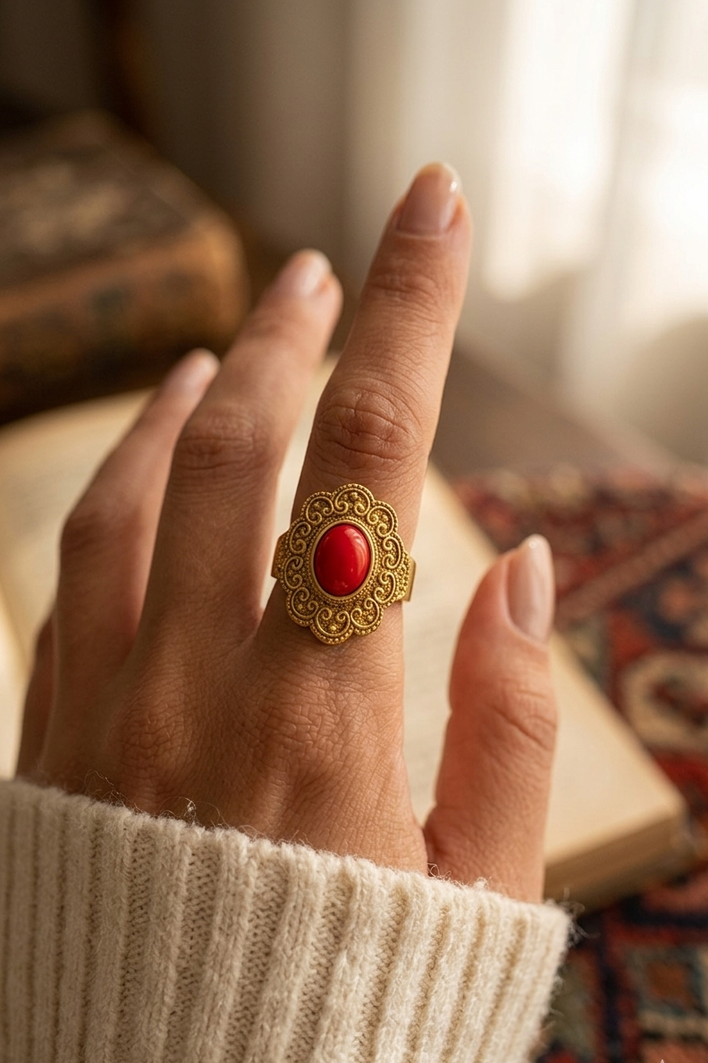Vintage Gold Floral Ring with Red Oval Stone