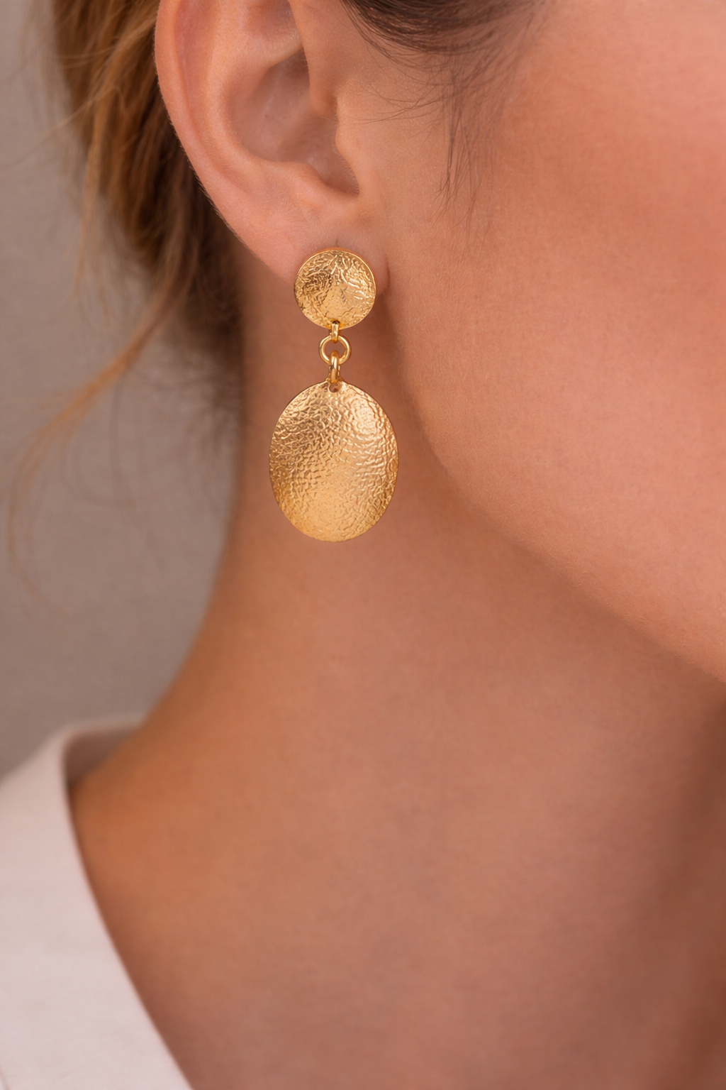 Gold Hammered Drop Earrings Textured Oval Dangle Stud