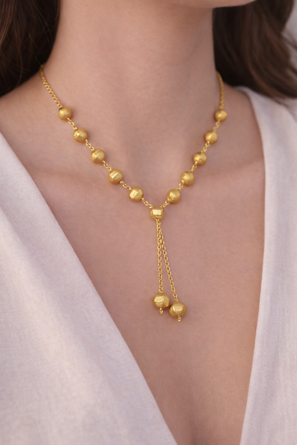 Gold Beaded Lariat Necklace