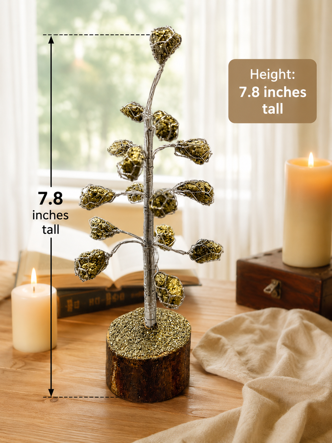Natural Pyrite Gemstone Tree – Handmade Crystal Healing Tree Decor with Wooden Base