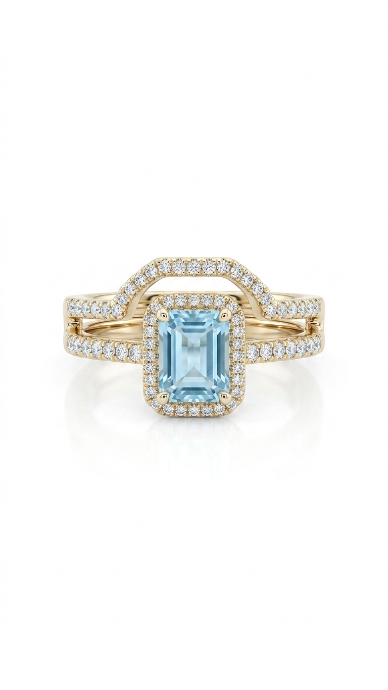 Aquamarine Halo Ring in Gold Finish