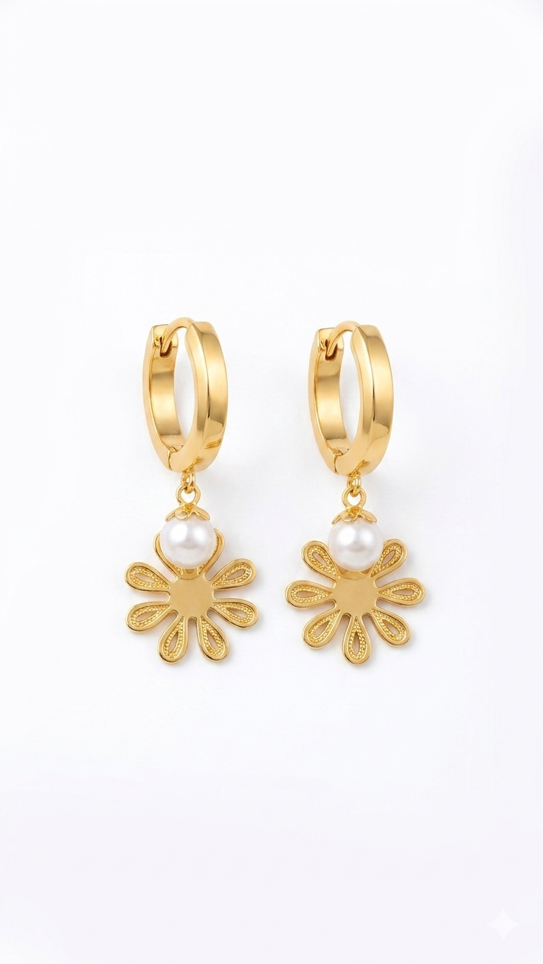 Gold Daisy Pearl Charm Hoop Earrings
