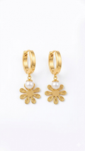 Gold Daisy Pearl Charm Hoop Earrings