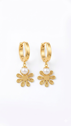 Gold Daisy Pearl Charm Hoop Earrings