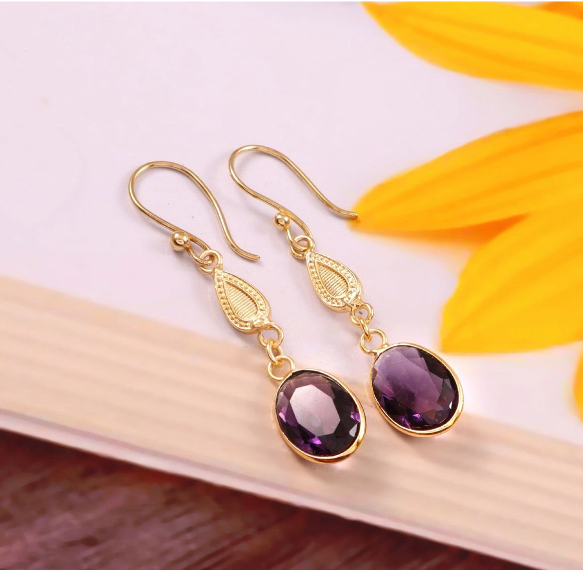 Amethyst Stone Oval Drop Earrings Gold Plated