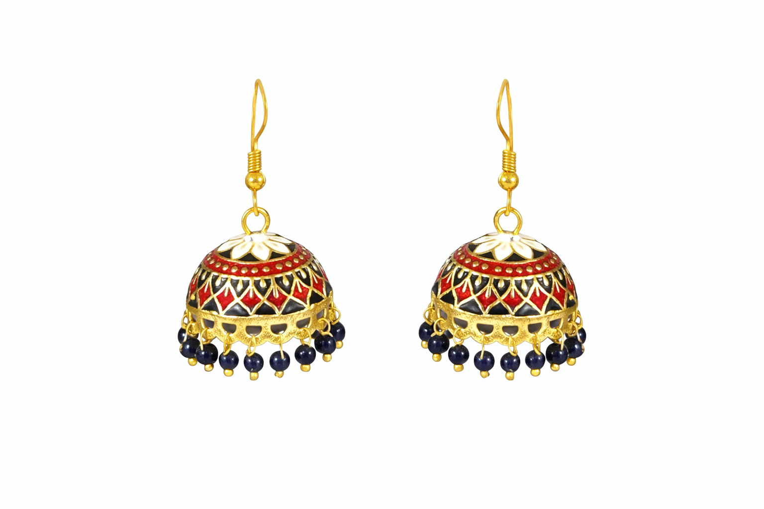 Traditional Enamel Jhumka Earrings with Blue Beads