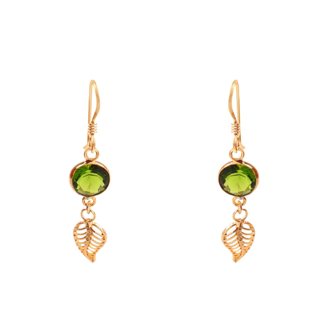 Green Crystal Leaf Dangle Earrings | Gold Leaf Drop Earrings
