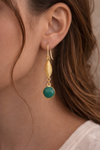 Gold Textured Drop Earrings with Malachite stone