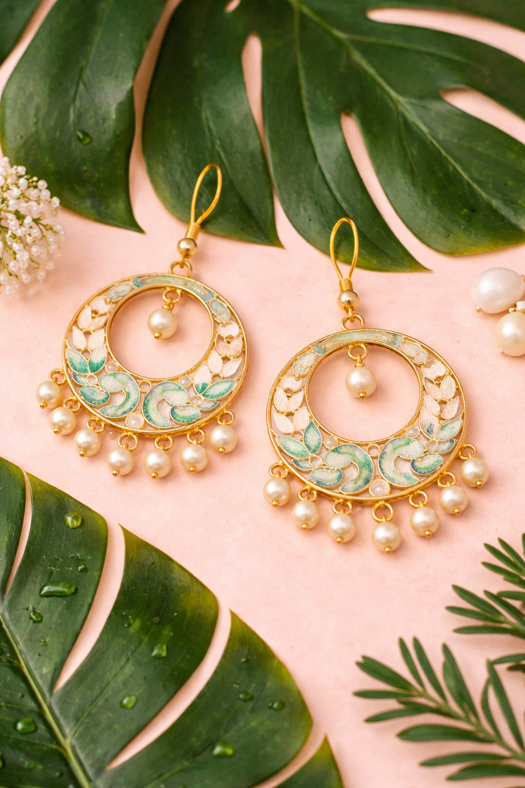 Mint Green Enamel Pearl Drop Earrings