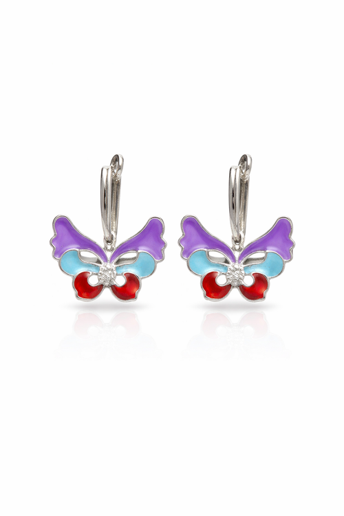 Colorful Butterfly Hoop Earrings Silver Tone Enamel
