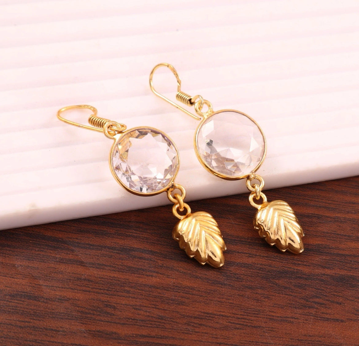 Pink Stone Earrings Gold Plated Dangle Jewelry