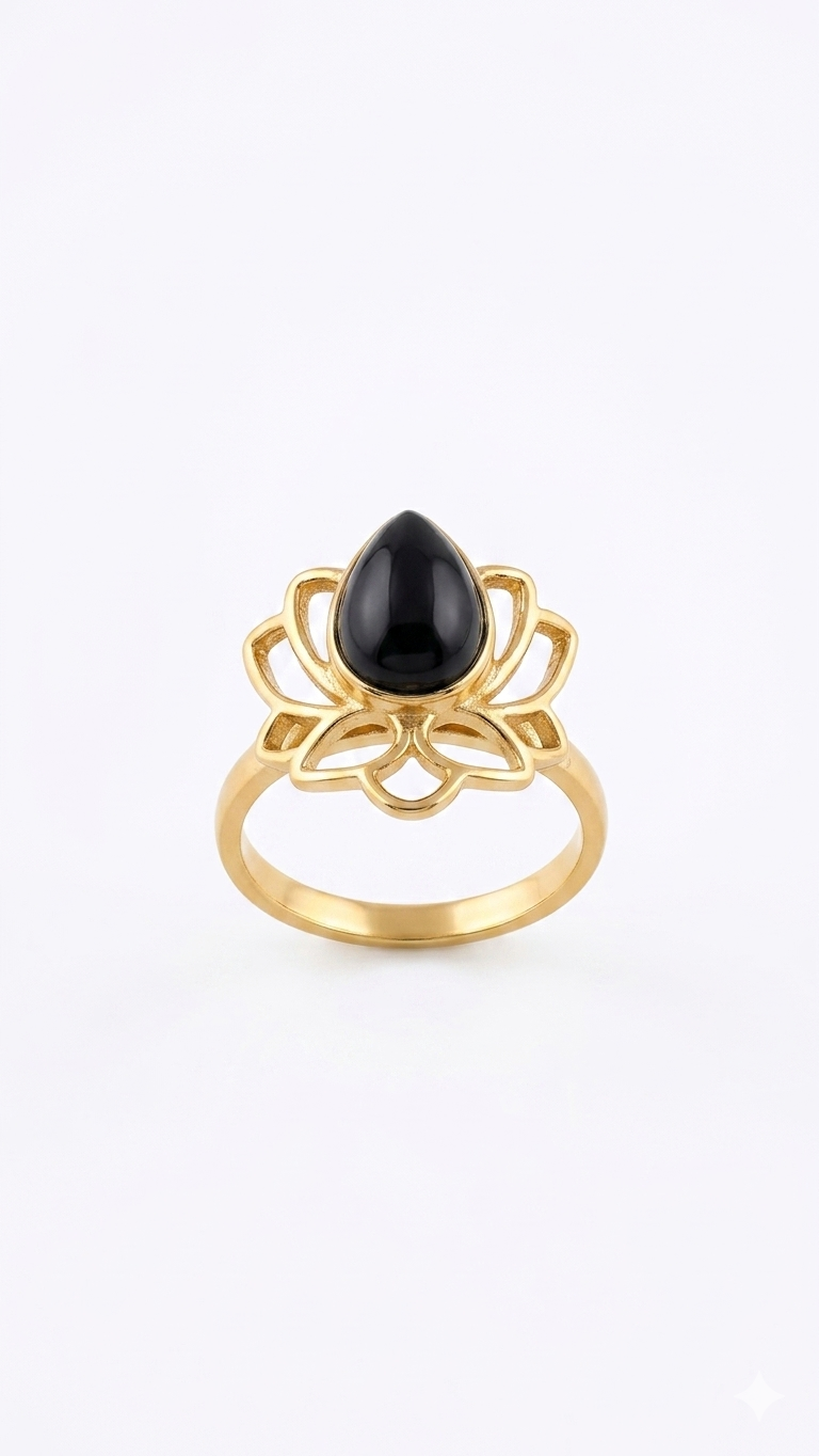 Gold Lotus Black Onyx Ring