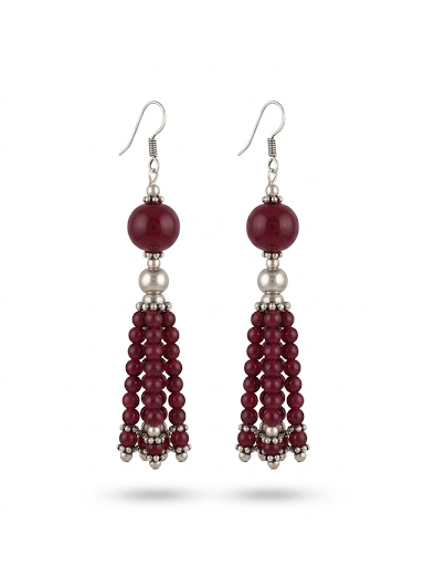 Handmade Burgundy Beaded Tassel Earrings