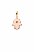 Gold Hamsa Hand Pendant Necklace | Pink Enamel Evil Eye Charm