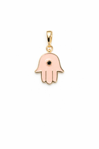 Gold Hamsa Hand Pendant Necklace | Pink Enamel Evil Eye Charm
