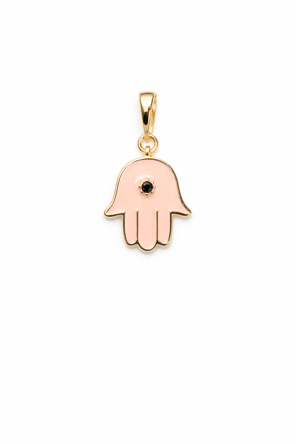 Gold Hamsa Hand Pendant Necklace | Pink Enamel Evil Eye Charm