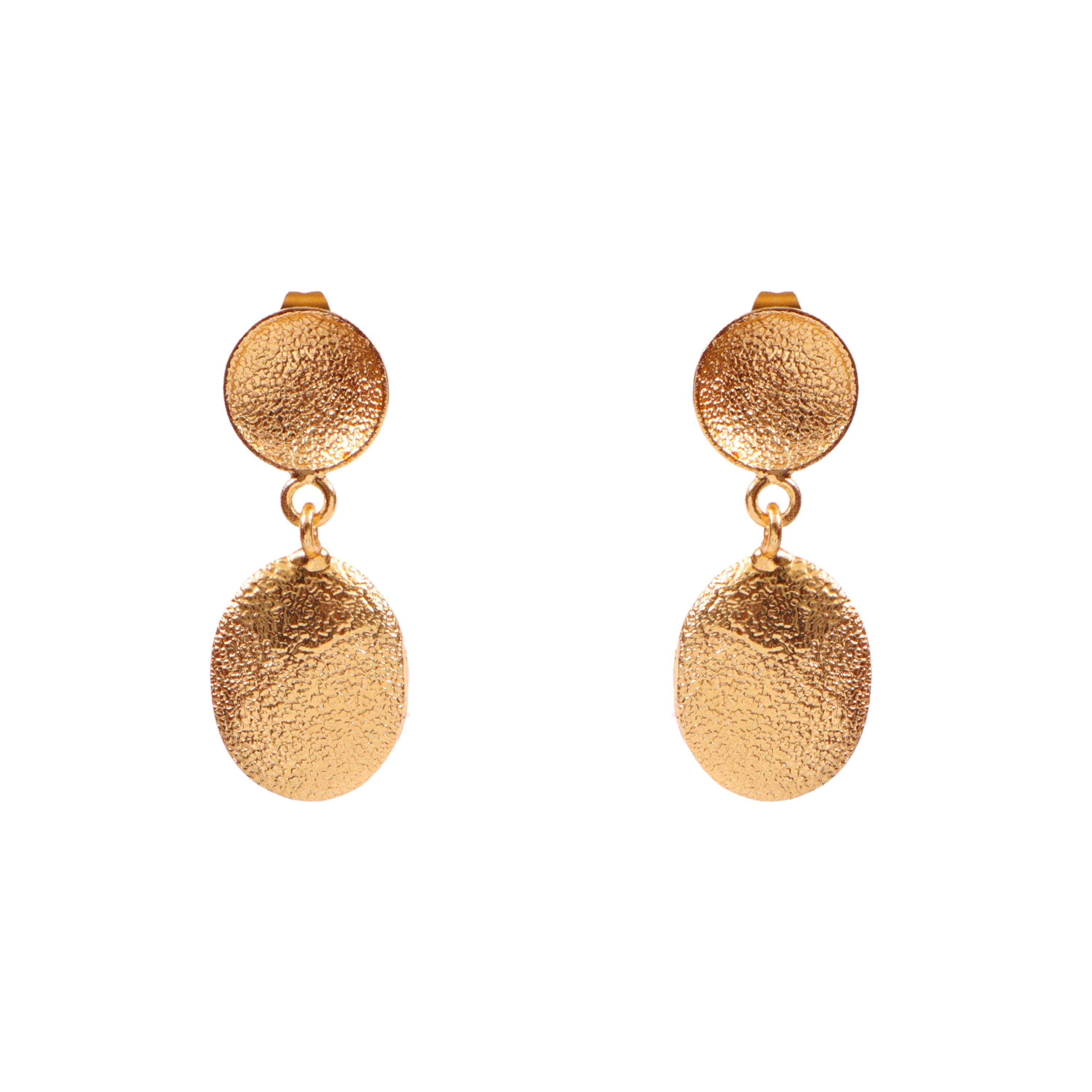 Gold Hammered Drop Earrings Textured Oval Dangle Stud