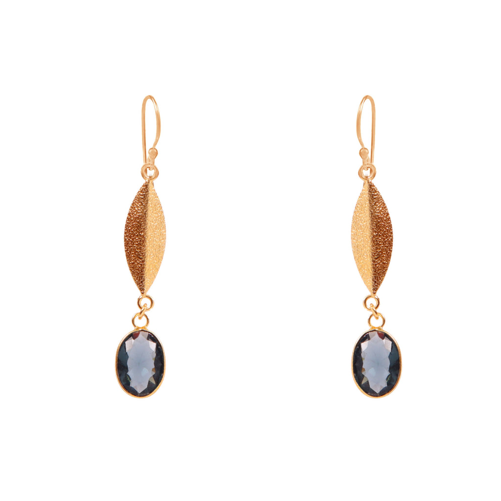 Gold Leaf Drop Earrings with Blue Crystal