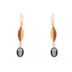 Gold Leaf Drop Earrings with Blue Crystal