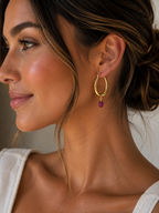 Gold Ruby Drop Hoop Earrings